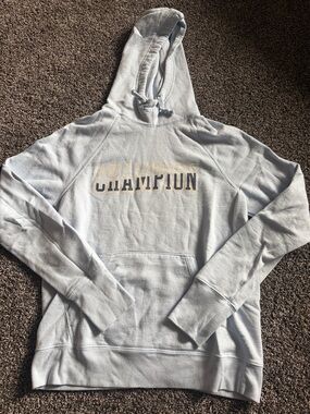 Champion Light Blue Zip-Up Hooded Sweatshirt with Chest Logo